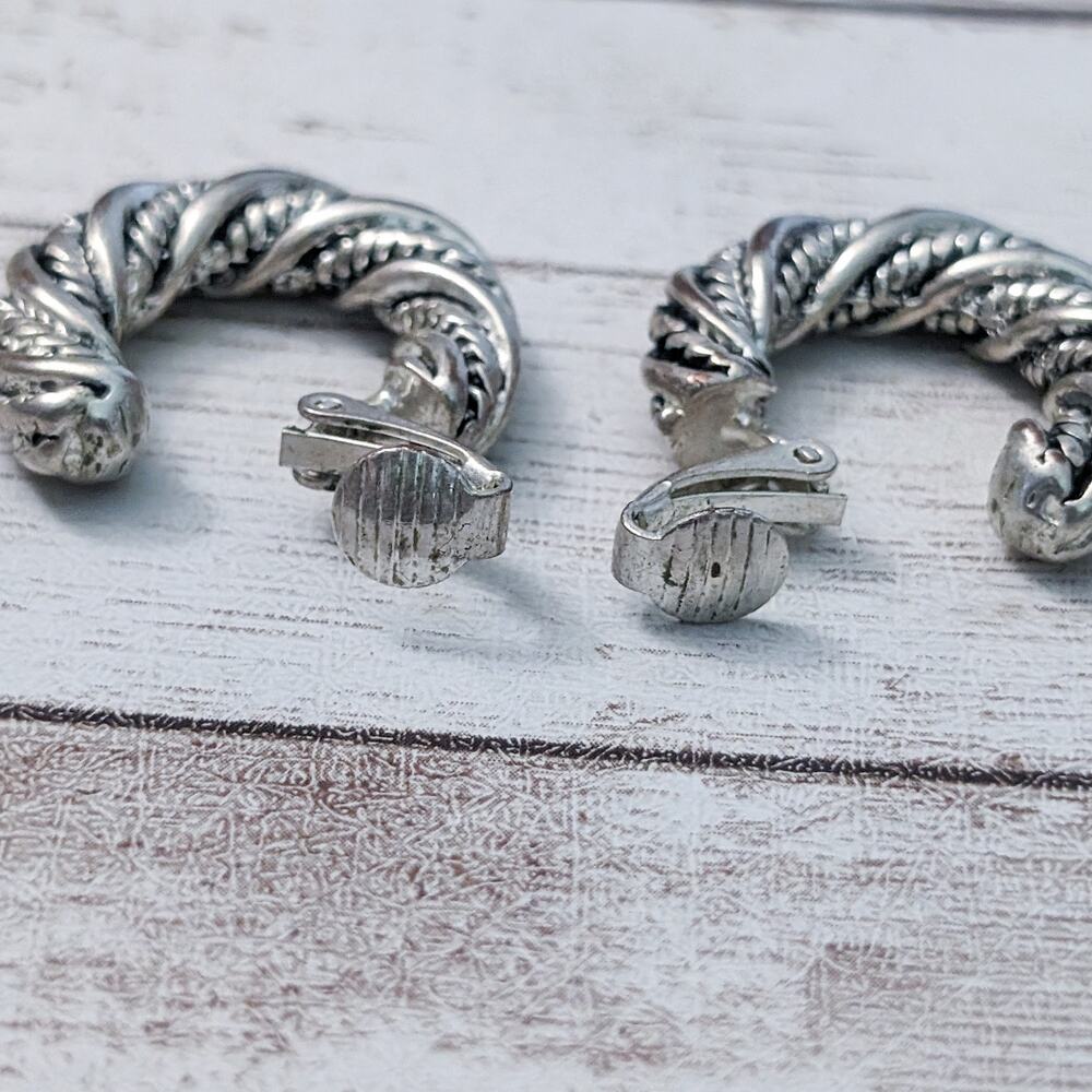 Vintage Clip On Earrings Silver Tone Twisted Rope Style Hoops - Some Tarnish - Picture 4 of 9